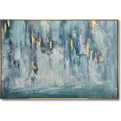 Original Oversize Light Blue Painting Abstract Canvas White Painting Living Room Wall Art Modern Large Wall Art Frame Paintin...