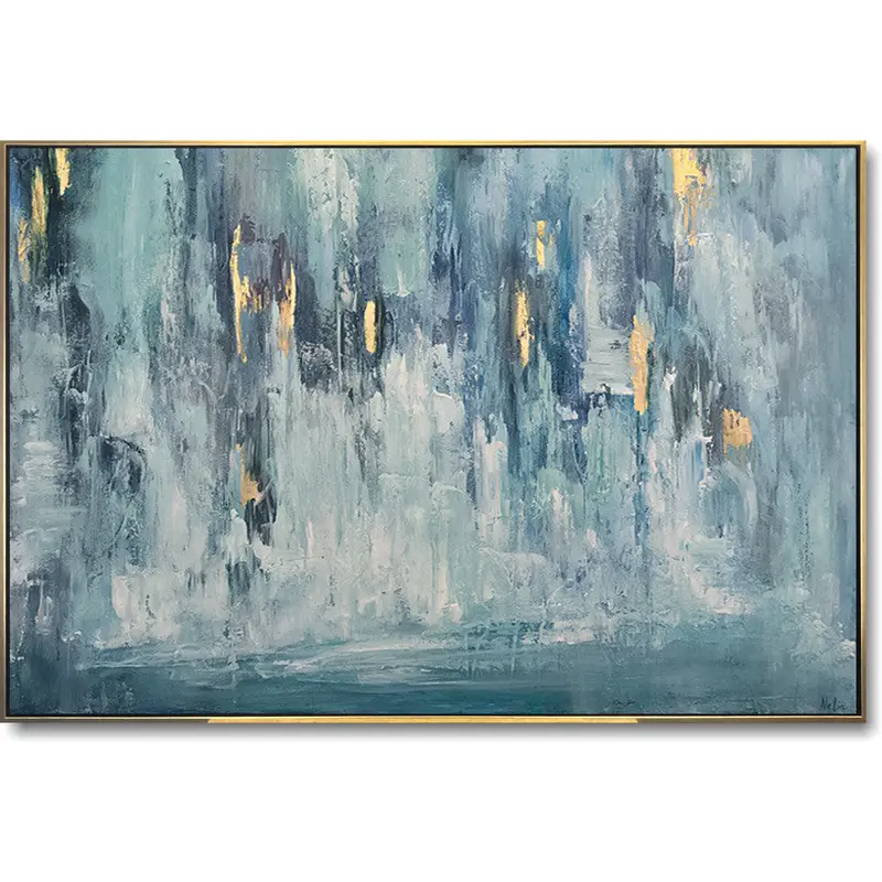 Original Oversize Light Blue Painting Abstract Canvas White Painting Living Room Wall Art Modern Large Wall Art Frame Paintin...