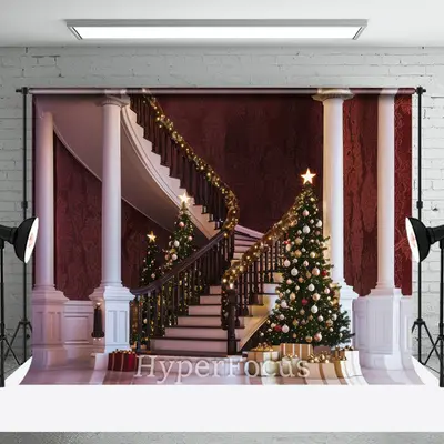Retro Luxury Stairs Tree Gift Christmas Vibe Backdrop - Aperturee