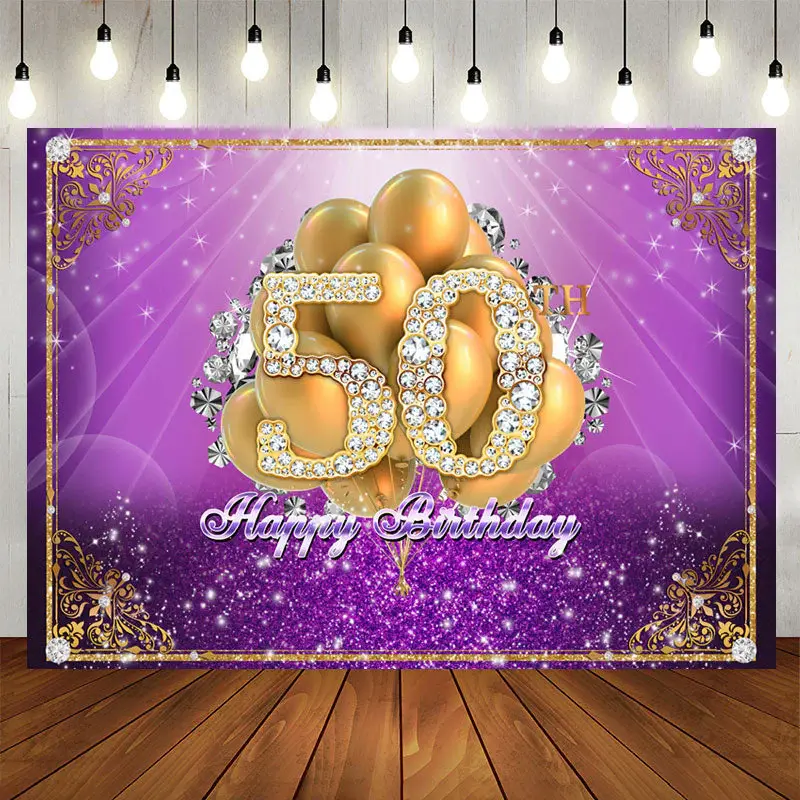Aperturee Purple Gold Balloon Diamond 50Th Birthday Backdrop