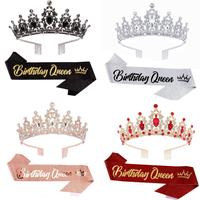 Birthday Queen Crown & Shoulder Strap Set, 1 Set Elegant Rhinestone Decorated Crown & Letter Printed Shoulder Strap, Birthday...