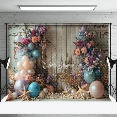 Retro Wooden Wall Balloon Floral Cake Smash Backdrop