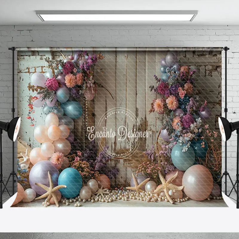 Retro Wooden Wall Balloon Floral Cake Smash Backdrop
