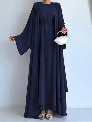 Women's Solid Color Tie Front Abaya & Dress Two-piece Set, Elegant Long Sleeve Round Neck Maxi Dress & Open Front Long Outerw...