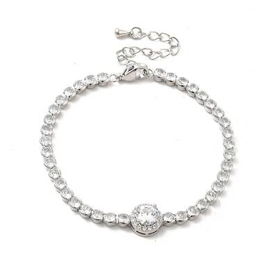 Clear Cubic Zirconia Flat Round Link Bracelet with Tennis Chains