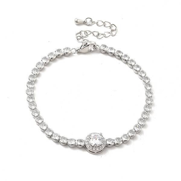 Clear Cubic Zirconia Flat Round Link Bracelet with Tennis Chains