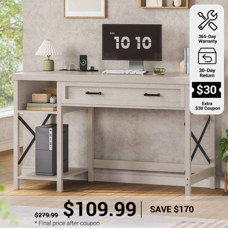 SEDETA 40 Inch Small Computer Desk Writing Desk with Drawer and Storage Shelves Grey Home Office Furniture
