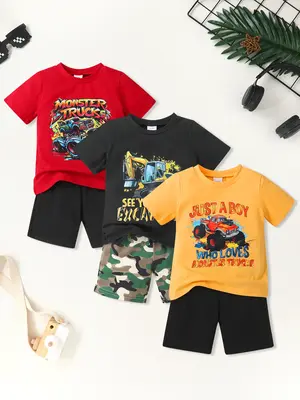 3-piece Soft, Breathable, Comfortable And Cute Little Boy Off-road Pickup Truck And Engineering Excavator Letter Printed T-sh...
