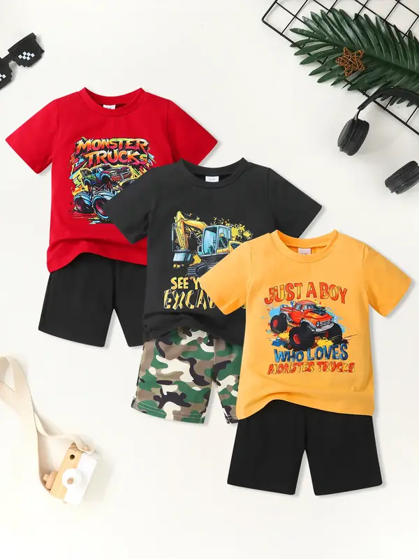 3-piece Soft, Breathable, Comfortable And Cute Little Boy Off-road Pickup Truck And Engineering Excavator Letter Printed T-sh...