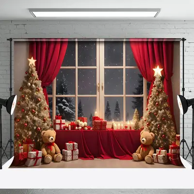 Aperturee Snowy Night Window Scene Bears Christmas Backdrop - Aperturee