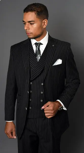 Men's 100% Wool 3-Piece Suit - Fashion Pinstripe