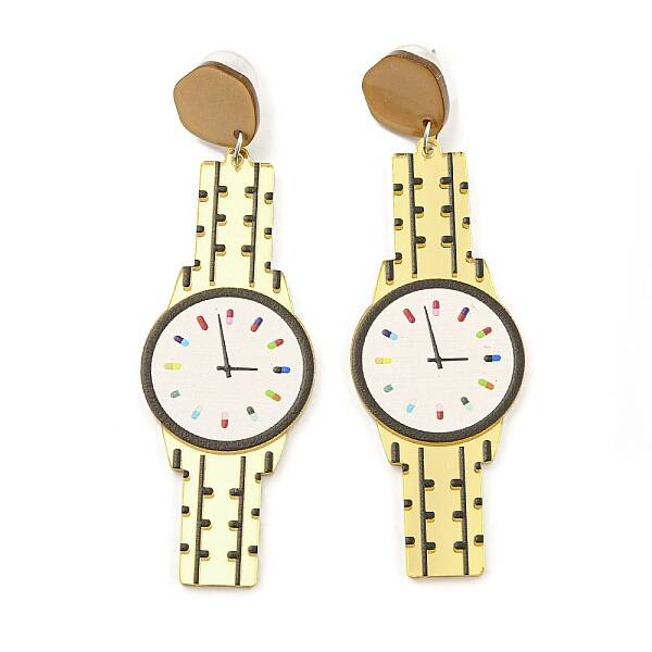 Sparkling Acrylic Watch Dangle Stud Earrings with 304 Stainless Steel Pins