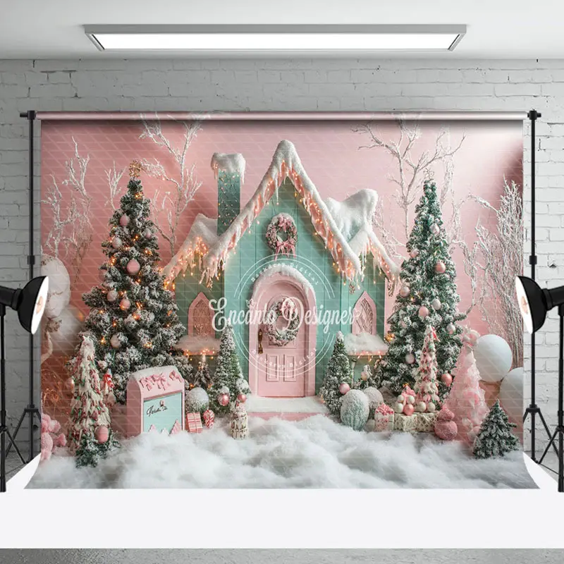 Aperturee Snowy Trees Candy Holiday Winter Christmas Backdrop | Christmas Scenic Backgrounds | Christmas Photoshoot Backgroun...