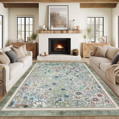 Garvee Washable 10x13 Area Rugs Boho Floral Vintage Low Pile Non Slip Large Rug Green for Living Room Bedroom Dining Room Kid...