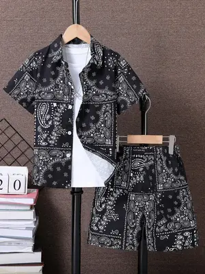 Boy's Paisley Print Button Front Shirt & Elastic Waist Shorts Two-Piece Set, Boho Fashion Short Sleeve Collared Top & Shorts ...