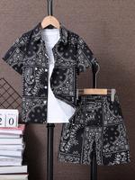 Boy's Paisley Print Button Front Shirt & Elastic Waist Shorts Two-Piece Set, Boho Casual Fashion Short Sleeve Collared Top ...