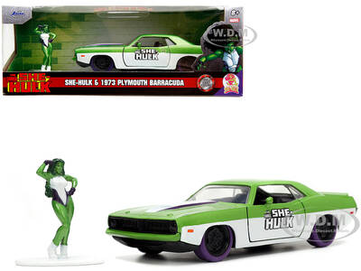 1973 Plymouth Barracuda Green Metallic and White and She-Hulk Diecast Figure \
