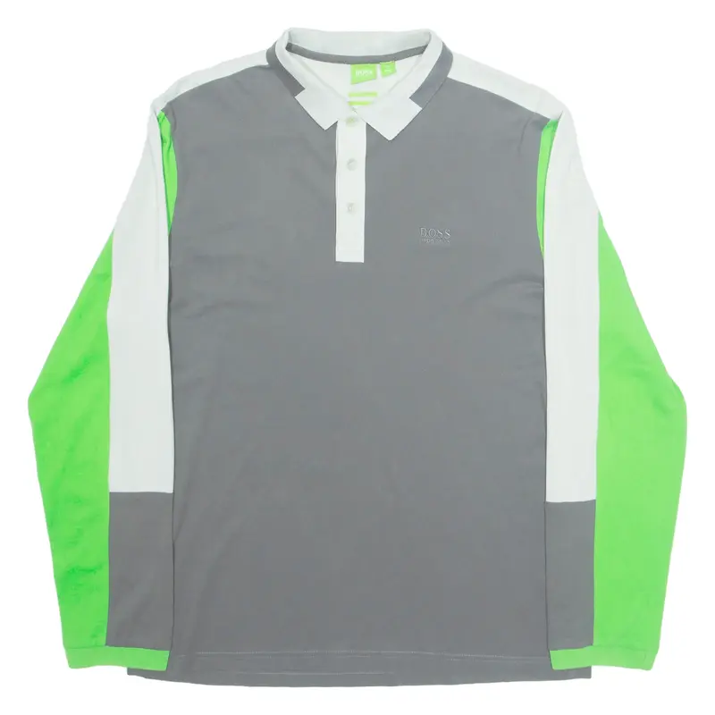 HUGO BOSS GR-Pyalo Modern Fit Mens Polo Shirt Grey Colourblock Long Sleeve L