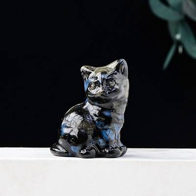 Natural Labradorite Carved Healing Lucky Cat Figurines