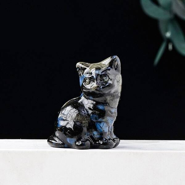 Natural Labradorite Carved Healing Lucky Cat Figurines