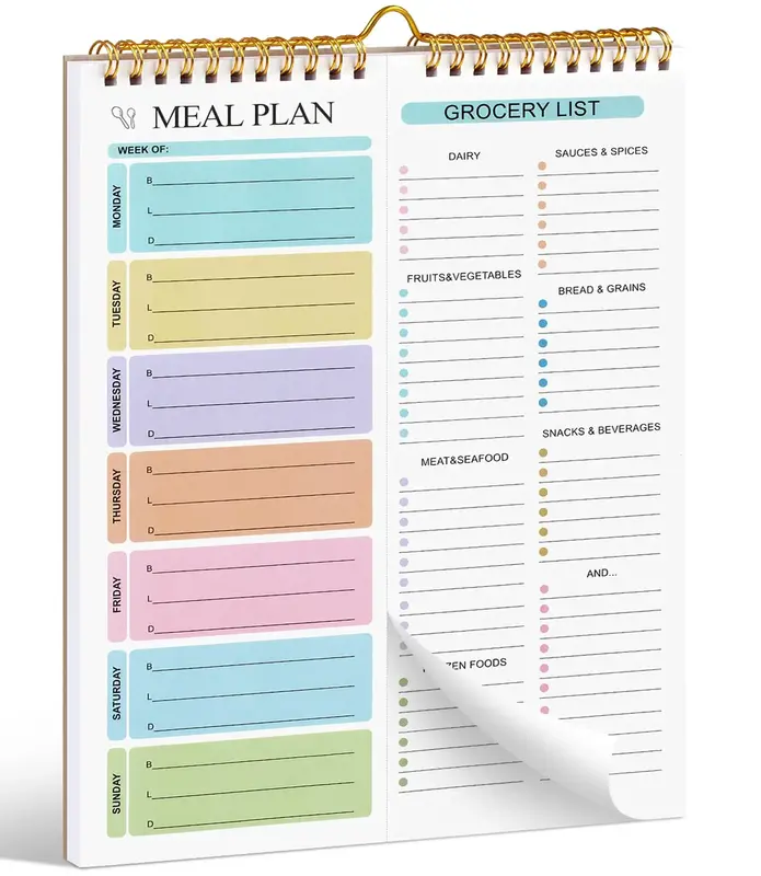 Weekly Meal Planner Notebook - 8.5x11, 50 Sheets, Magnetic, Wall-Mountable Grocery List & Menu Planner