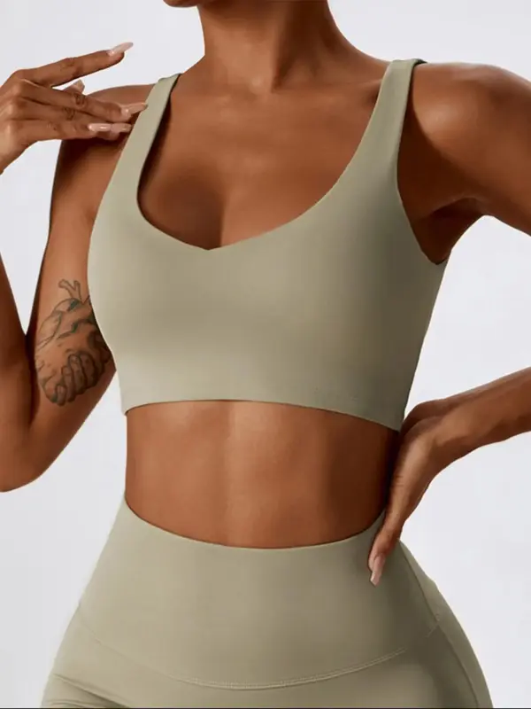 Women's Solid V Neck Backless Sports Bra, Sports Bra for Women, High Stretch Seamless Yoga Wireless Bra, Pilates Workout Gym ...