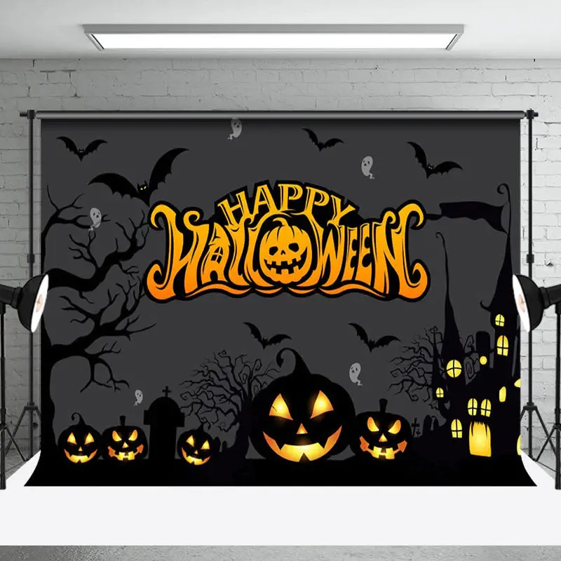 Aperturee Dark Night Bat And Pumpkins Happy Halloween Backdrop - Aperturee