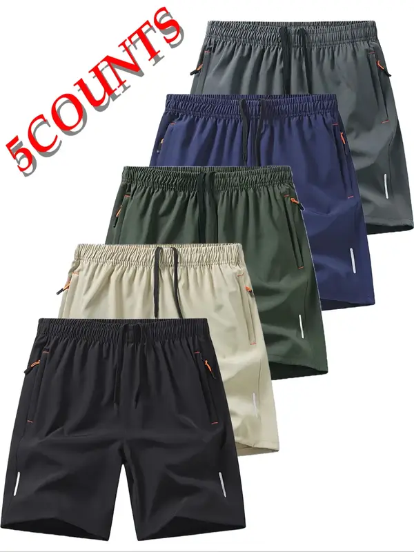 Men's Solid Zipper Design Pocket Elastic Waist Shorts, Regular Fit Casual Breathable Comfy Shorts for Summer, Shorts for Men,...