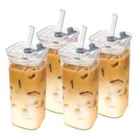 4 Pack Glass Cups with Lids and Straws 13oz SquareGlassesDrinking Set, lced Coffee Cups with LidsReusable Glass CuteClear Gla...