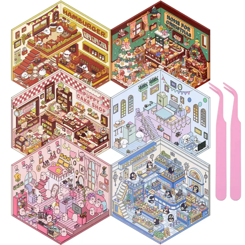 DIY 3D Sticker Scenes 6 Sets for Adults Kids, Make Your Own Mini Home/Store Scenes Stickers Animal Themes for Girls, Relieve ...