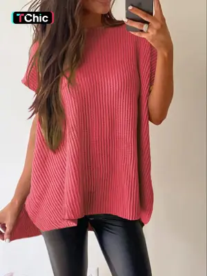 Women's Plain Textured Split Hem Batwing Sleeve Knit Top, Casual Short Sleeve Round Neck Knitwear for Summer, Fashion Women's...