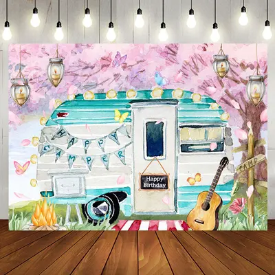 Happy Camper Touring Car Guitar Birthday Backdrop - Aperturee