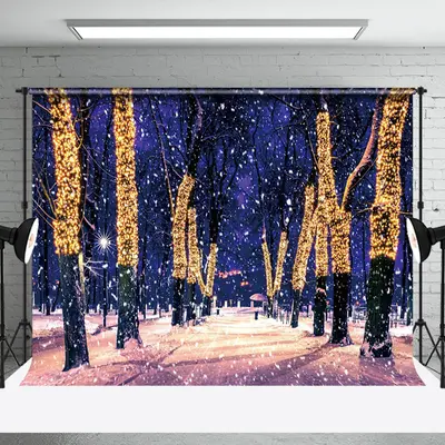 Winter Night Tree Lights Snowy Winter Backdrop - Aperturee
