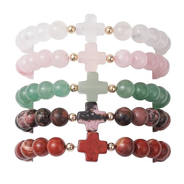 8mm Round & Cross Natural Mixed Gemstone Beaded Stretch Bracelets for Women