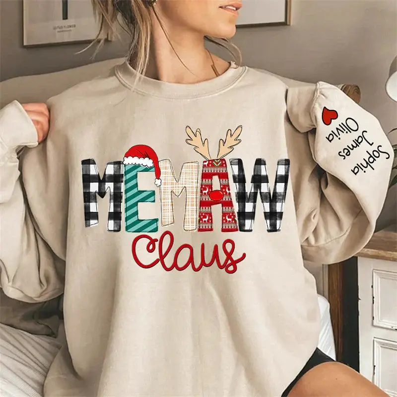 Christmas Hat Elk Plaid Claus Custom Mom Sweatshirt - Aperturee