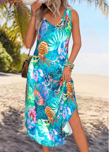 Modlily Multi Color Tummy Coverage Marine Life Print Sleeveless Dress - XXL