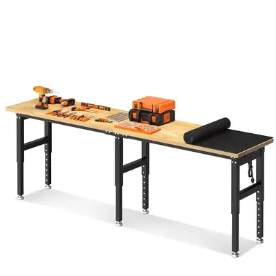 Garvee 96x24 Adjustable Workbench, 5,500 lbs Capacity Heavy-Duty Steel Frame with Rubber Wood Top, Dual Power Outlets & Peg...