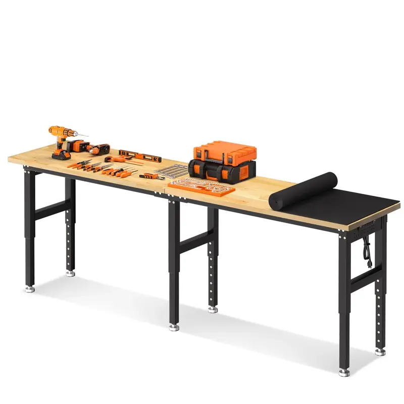 Garvee 96x24 Adjustable Workbench, 5,500 lbs Capacity Heavy-Duty Steel Frame with Rubber Wood Top, Dual Power Outlets & Peg...