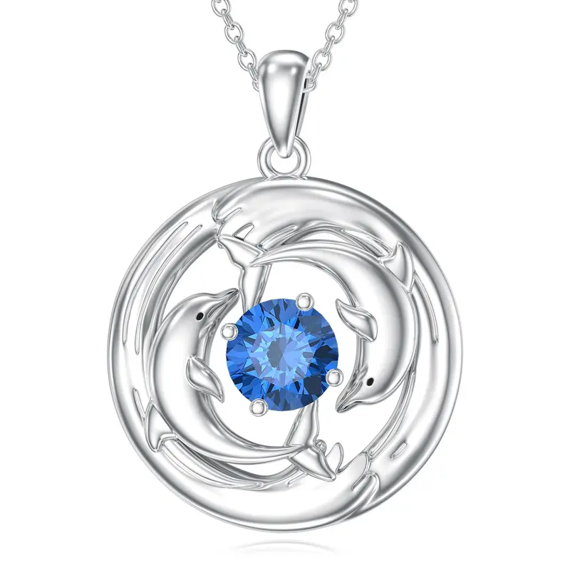 14K White Gold Cubic Zirconia Dolphin Pendant Necklace