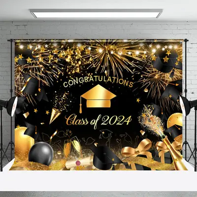 Gold Black Bachelor Hat Bokeh Graduation Backdrop - Aperturee