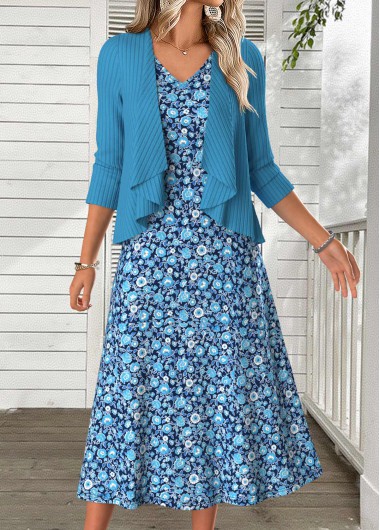 Modlily Sky Blue Tummy Coverage Bracelet Sleeve Dress and Cardigan - L