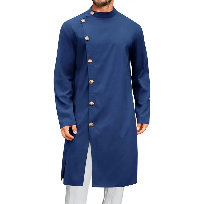 PASLTER Mens Kaftan Thobe Button Down Long Sleeve Robe Casual Henley Shirt Cotton Muslim Gown Kurta Tops