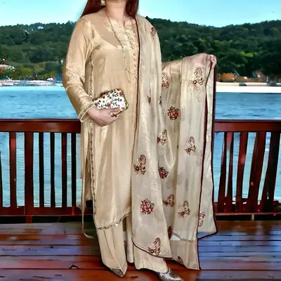 Golden Pakistani Dress with Shirt, Flare Pant, and Masoori Dupatta - Floral Embroidery, Lace, and Fancy Tassels, Perfect for ...