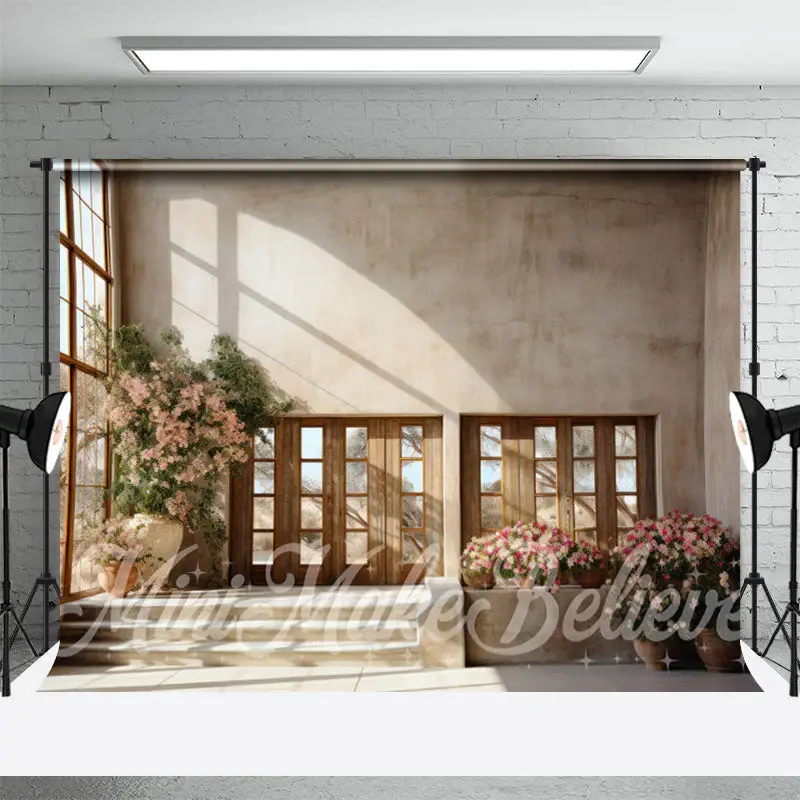 Retro Wall Stair Floral Window Sunshine Backdrop - Aperturee