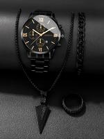 Men's Fashion Watch & Chain Bracelet & Necklace & Ring Set, Casual Round Dial Analog Quartz Watch & Jewelry Set,  Watches for...