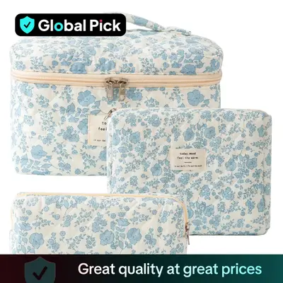 Floral Pattern Quilted Makeup Bag Set, 3 Counts Travel Cosmetic Bags, Portable Zipper Makeup Organizer Pouches, for Skincare,...