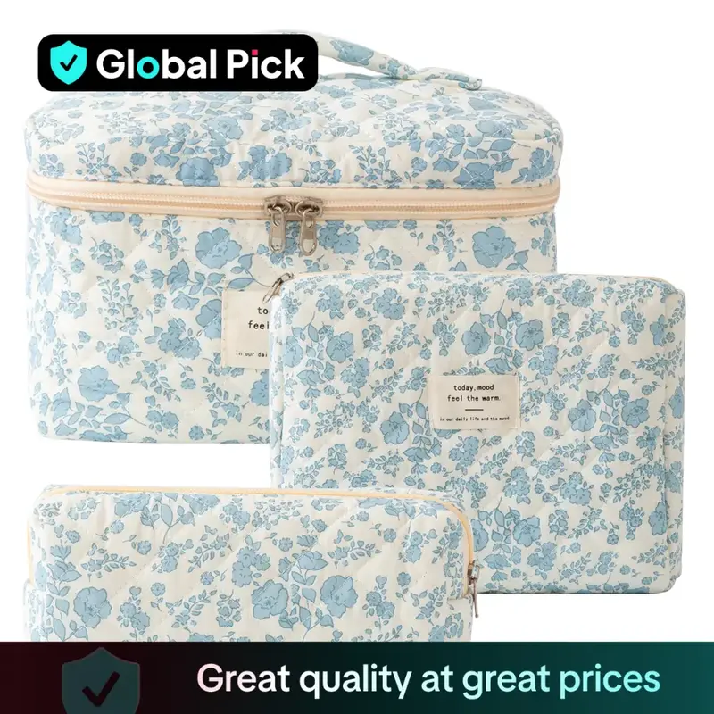 Floral Pattern Quilted Makeup Bag Set, 3 Counts Travel Cosmetic Bags, Portable Zipper Makeup Organizer Pouches, for Skincare,...