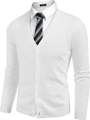 V Neck Lightweight Button Down Knitted Sweater (US Only), White / XL