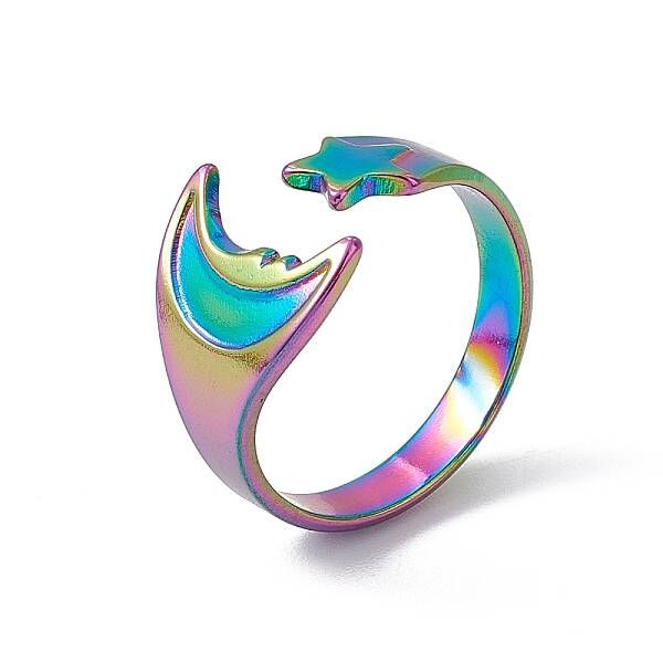 Ion Plating(IP) 304 Stainless Steel Moon & Star Open Cuff Ring for Women
