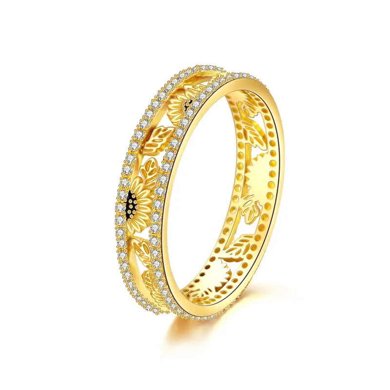 14K Yellow Gold Round Cubic Zirconia Sunflower Ring
